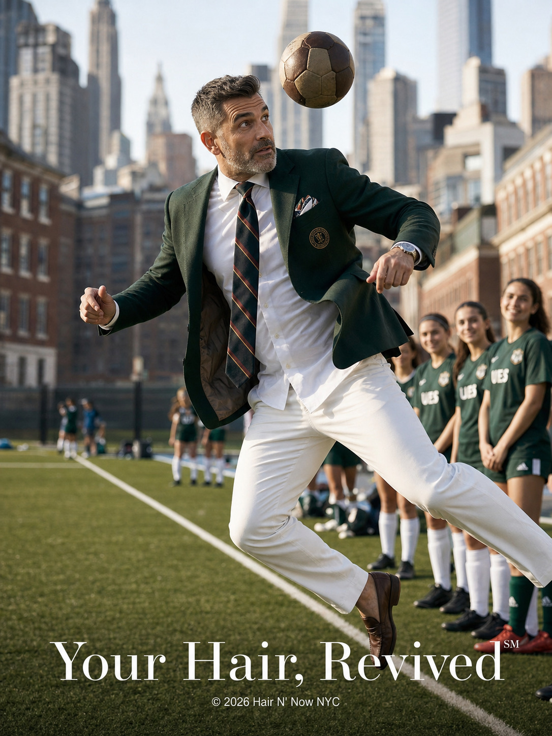 Well-groomed man in a green blazer heading a soccer ball on a Yorkville field with resilient summer hair and Your Hair Revived caption.