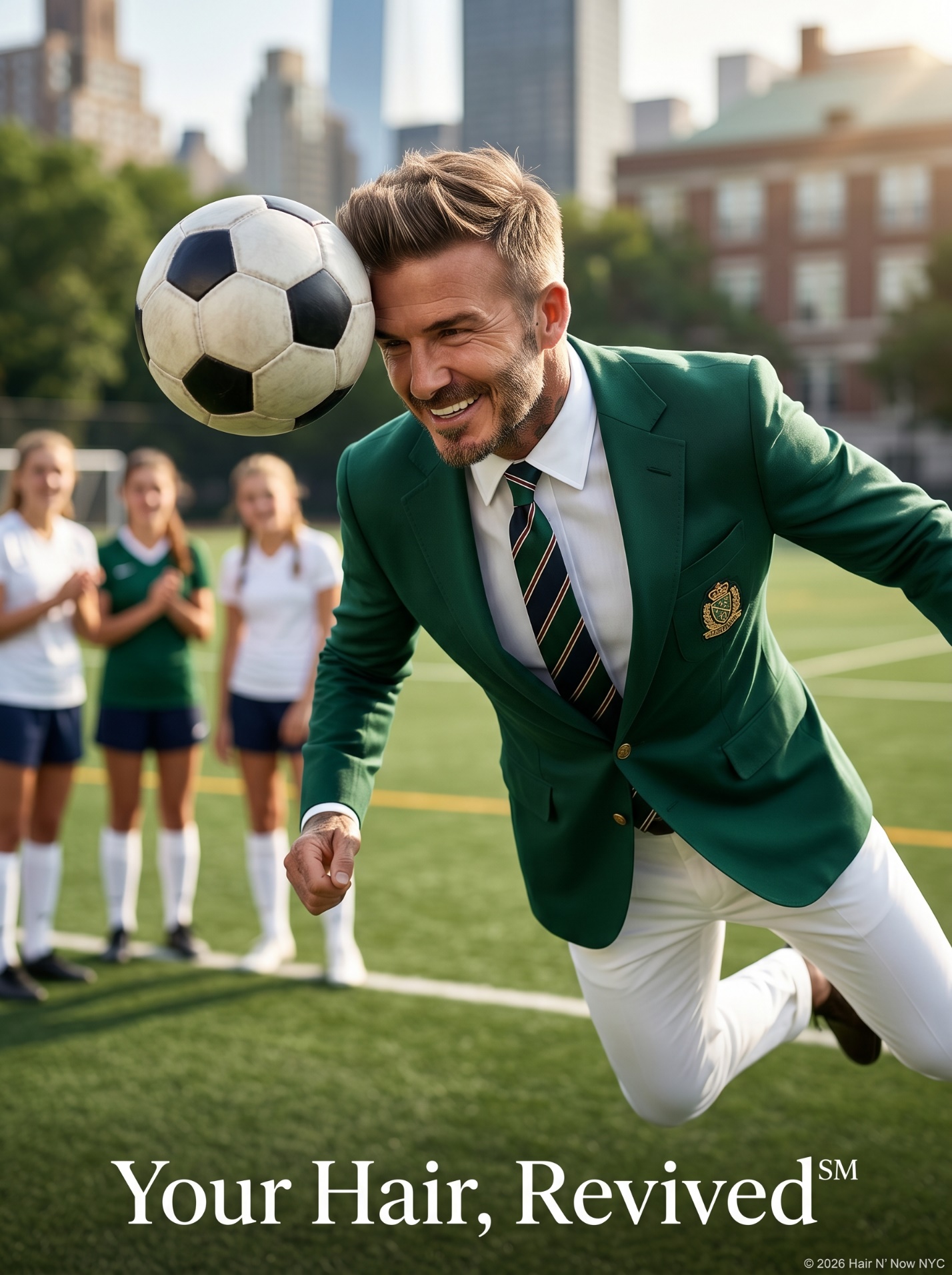 Well-groomed man in a green blazer heading a soccer ball on a Yorkville field with resilient summer hair and Your Hair Revived caption.