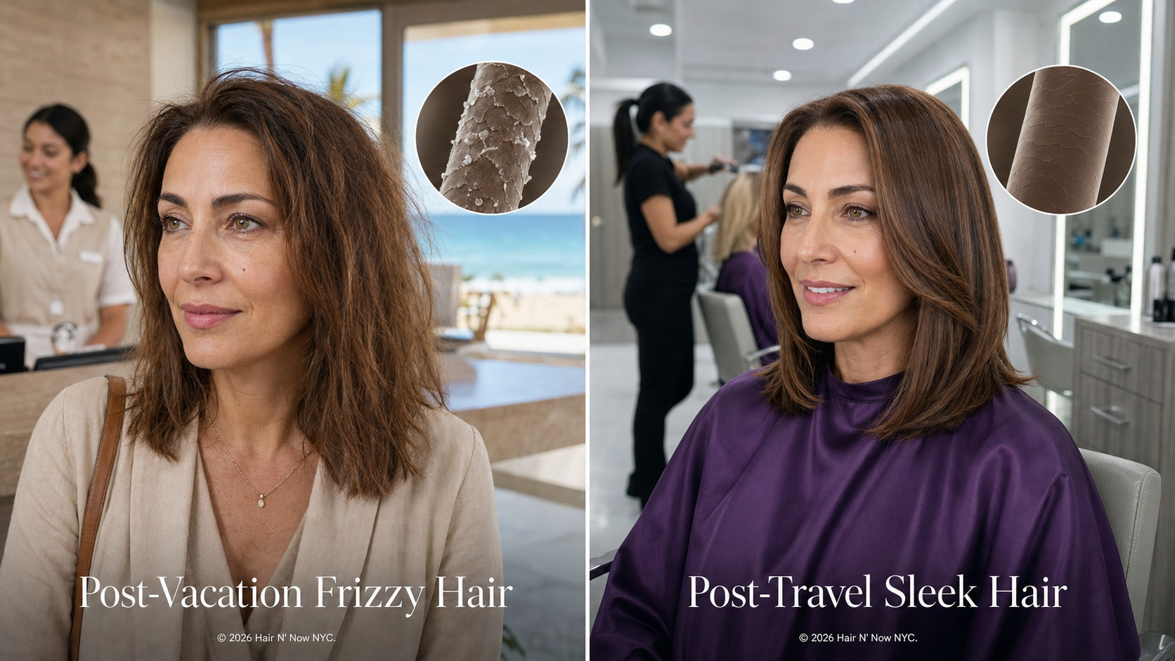 Side-by-side travel-kit diagnostic hero comparing post-vacation frizzy hair with post-travel sleek hair after a professional moisture rebalance.