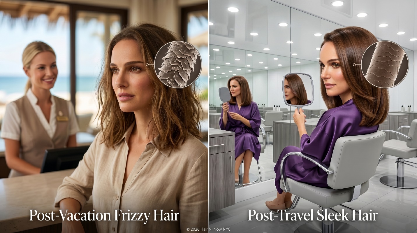 Side-by-side travel-kit diagnostic hero comparing post-vacation frizzy hair with post-travel sleek hair after a professional moisture rebalance.