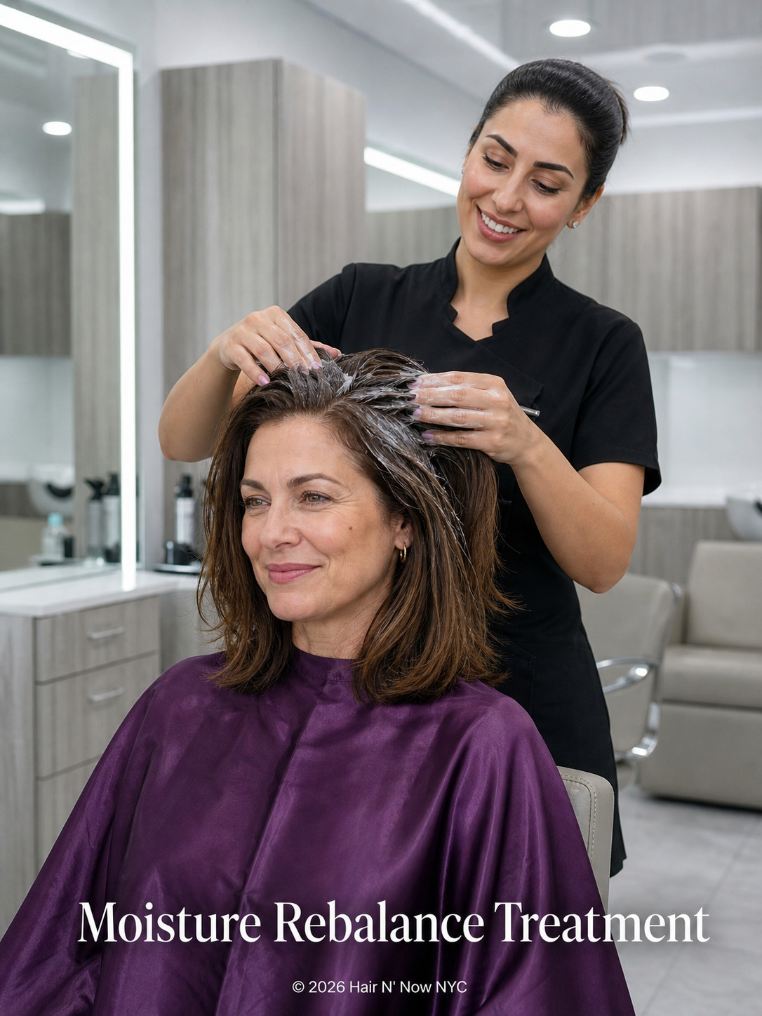 Salon close-up of a stylist applying a Moisture Rebalance Treatment mask to travel-stressed hair.