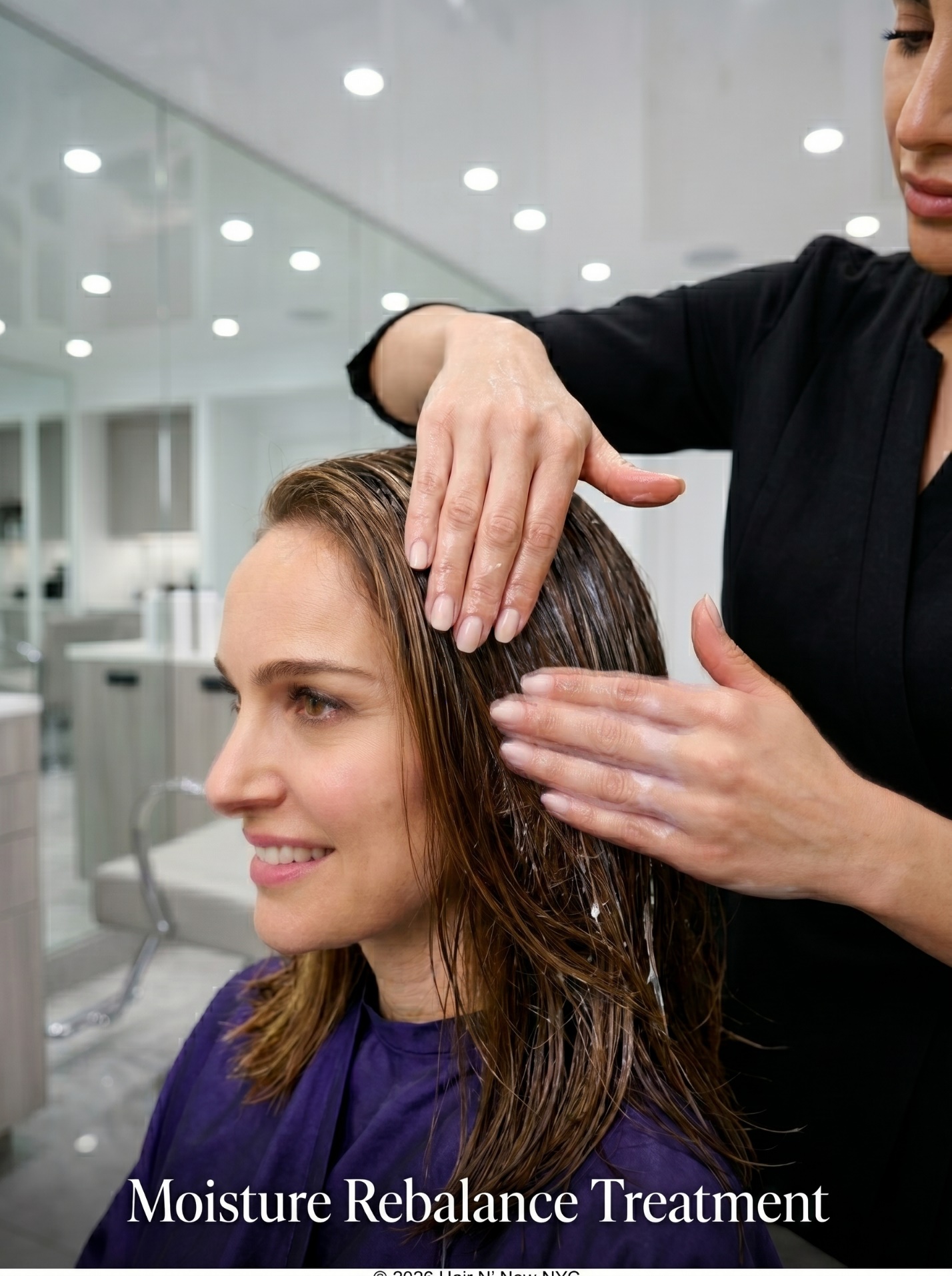 Salon close-up of a stylist applying a Moisture Rebalance Treatment mask to travel-stressed hair.