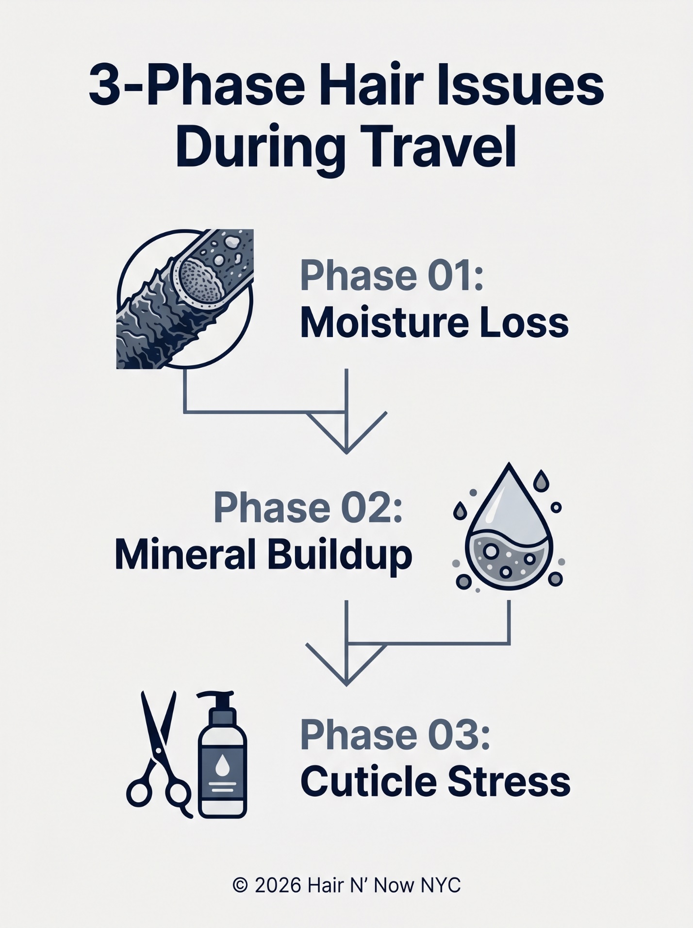 3-phase travel hair issues infographic showing moisture loss, mineral buildup, and cuticle stress during summer trips.