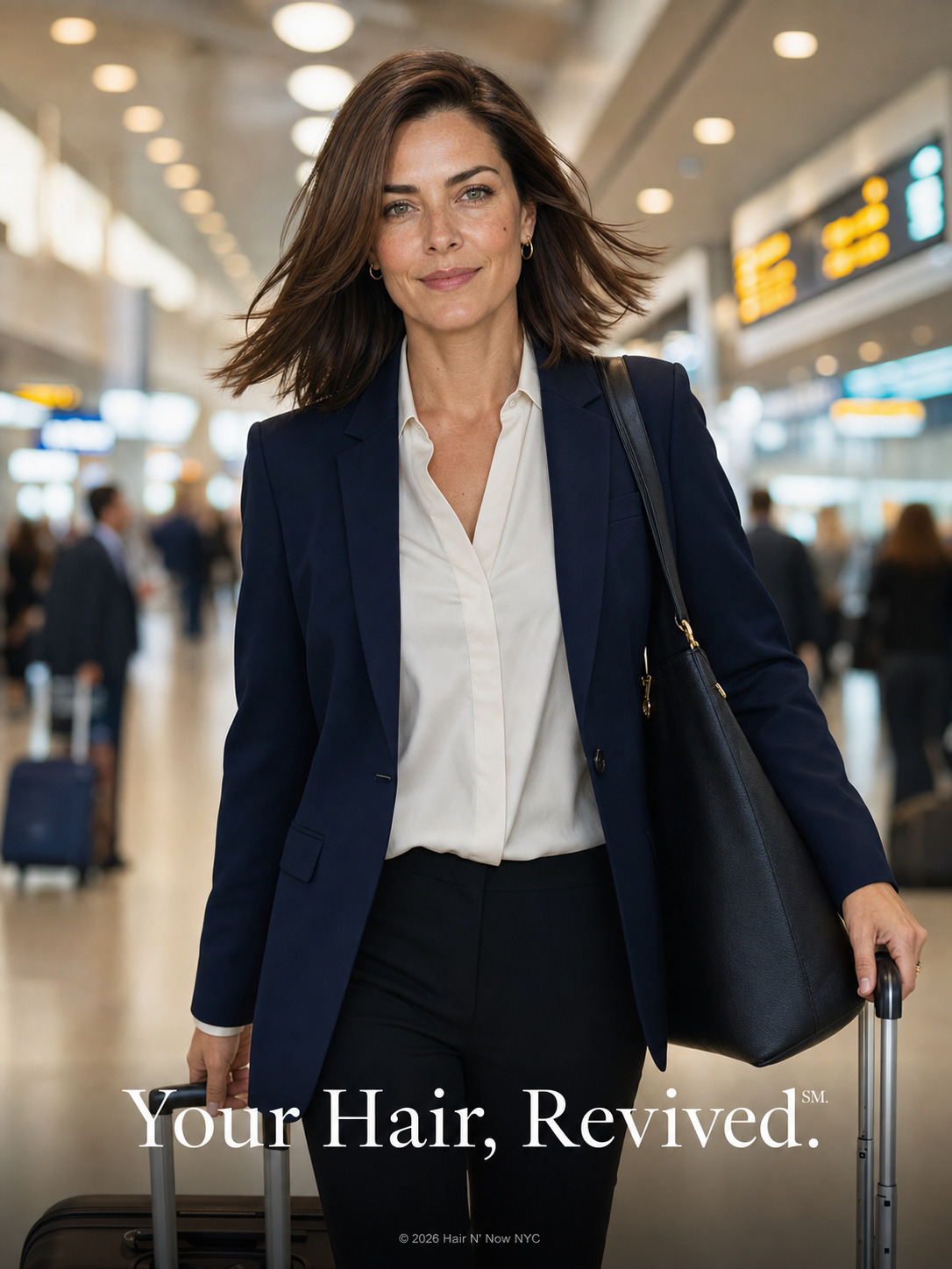 Glossy post-travel hairstyle image of a confident traveler walking through a luxury airport terminal with Your Hair Revived caption.