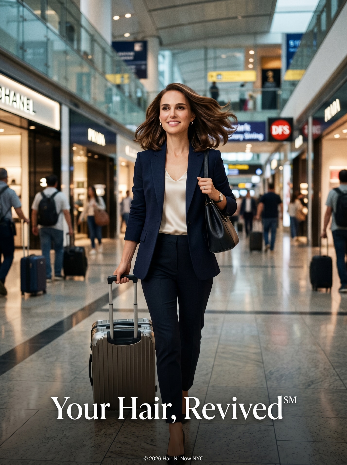 Glossy post-travel hairstyle image of a confident traveler walking through a luxury airport terminal with Your Hair Revived caption.