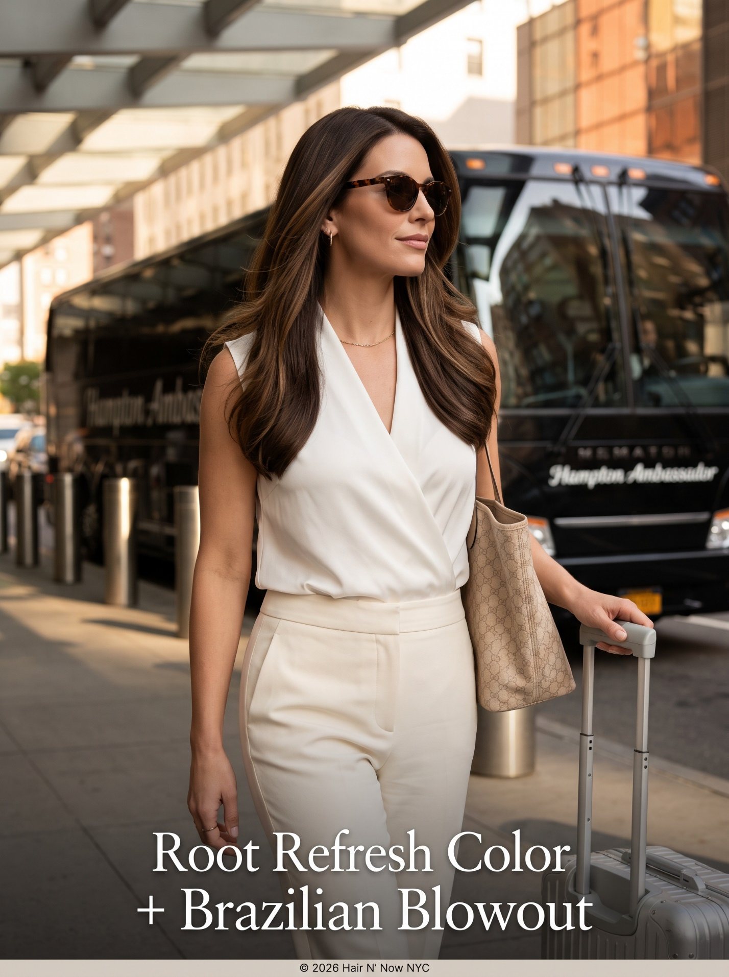 Hair N' Now NYC July Signature Collection Root Refresh Color and Brazilian Blowout promotion with smooth brunette hair in Manhattan.