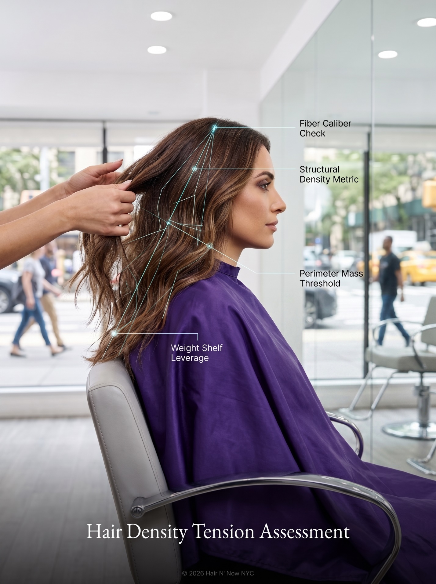 In-salon Hair Density Tension Assessment showing a stylist evaluating fine hair structure with diagnostic overlay labels.