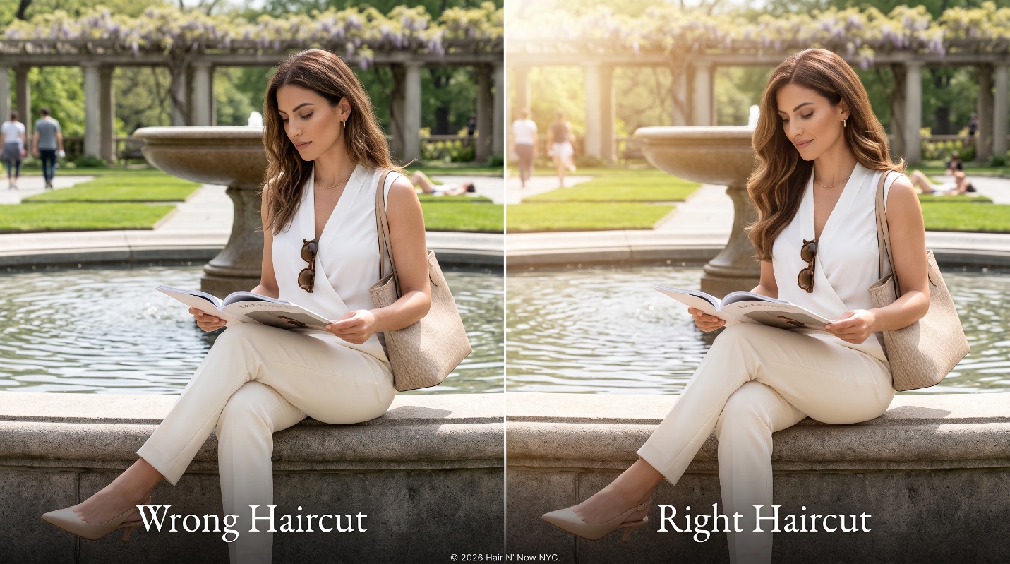 Central Park Conservatory Garden diptych comparing a wrong haircut with a right haircut for fine hair and fuller loose summer waves.