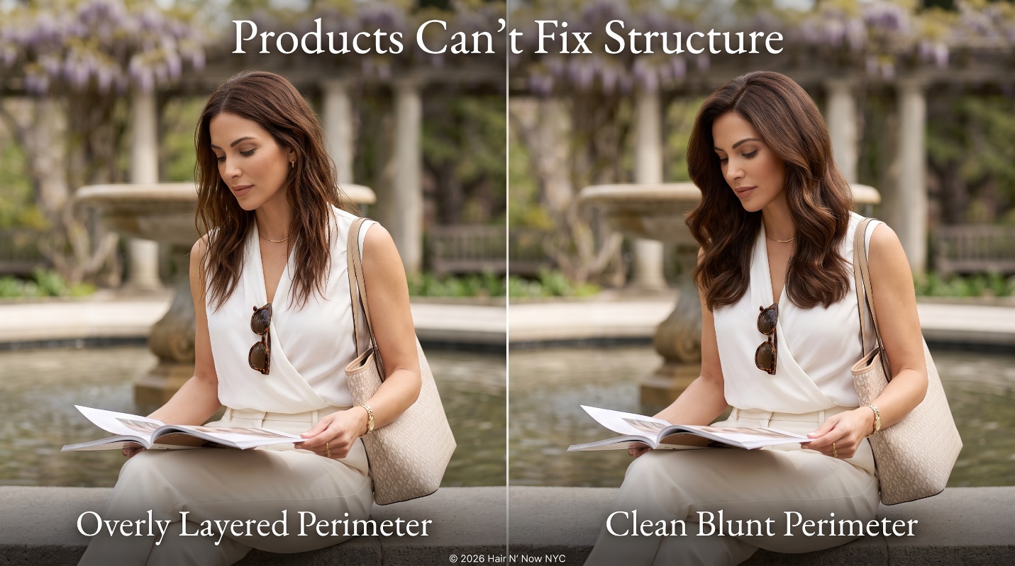 Central Park Conservatory Garden diptych showing products cannot fix haircut structure, comparing an overly layered perimeter with a clean blunt perimeter.