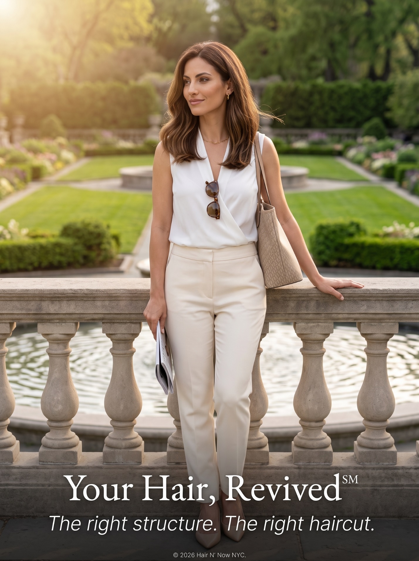 Central Park Conservatory Garden portrait showing a fuller fine-hair haircut result with Your Hair Revived and the right structure message.
