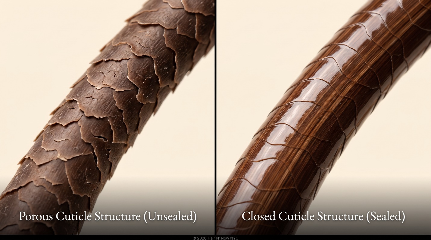 Macro hair-fiber diptych comparing porous unsealed cuticle structure with closed sealed cuticle structure for lasting color.