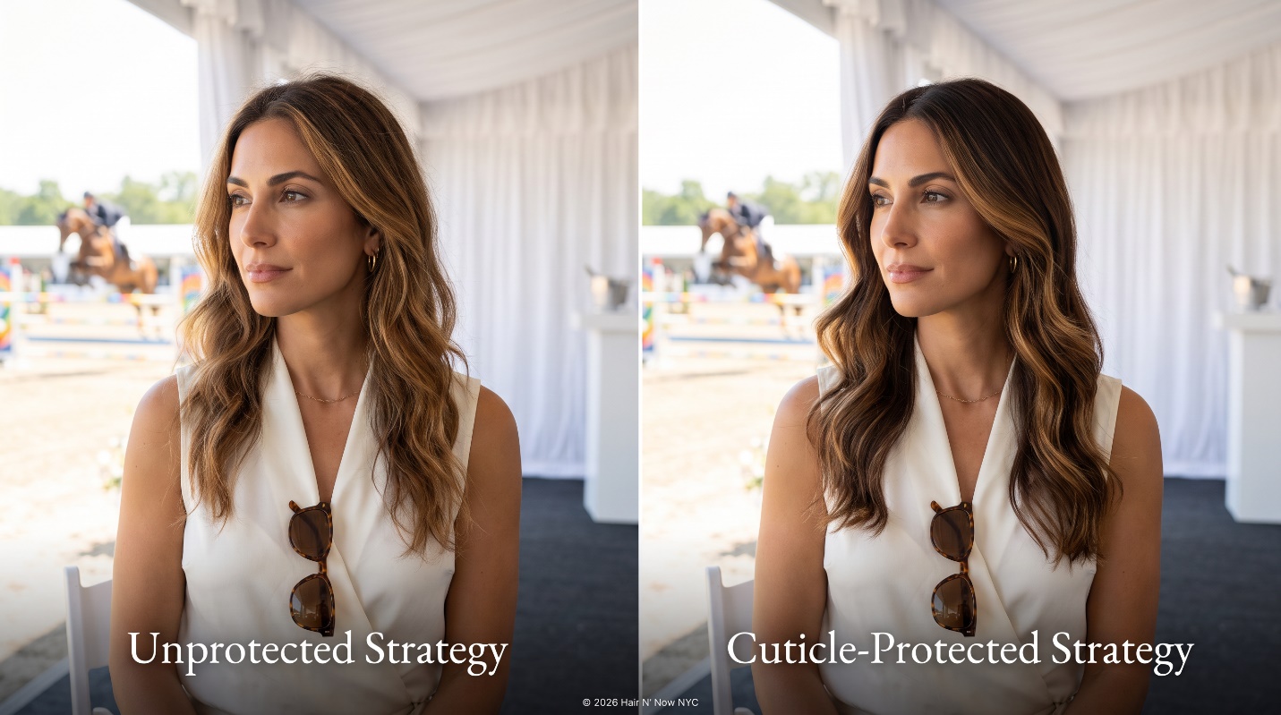 Equestrian pavilion diptych comparing an unprotected strategy with a cuticle-protected strategy for Manhattan summer hair color.