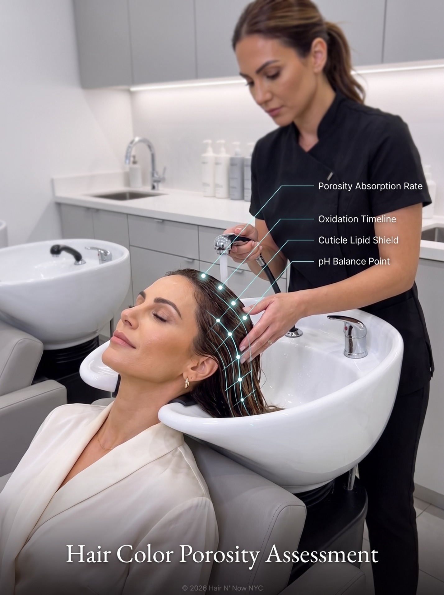 In-salon Hair Color Porosity Assessment at a shampoo basin with diagnostic labels for Yorkville color planning.
