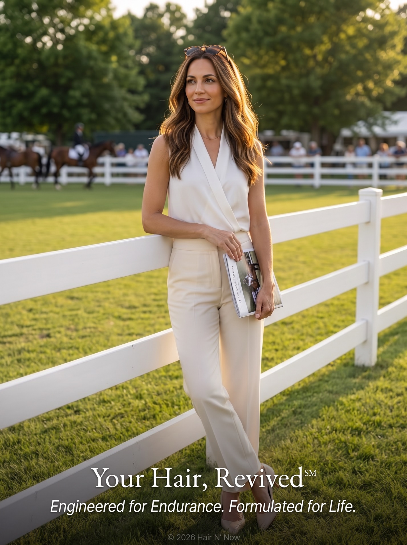 Equestrian arena portrait with polished summer waves and Your Hair Revived message about engineered color endurance.