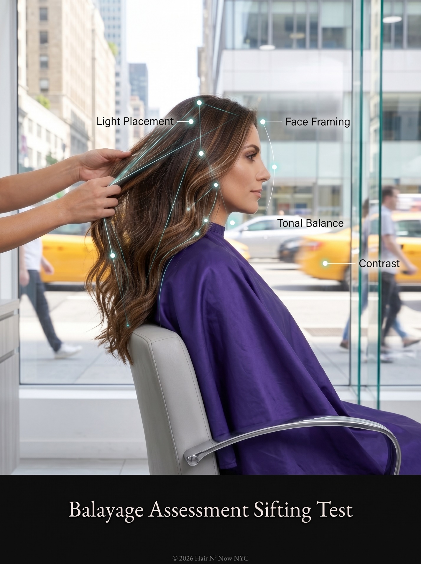 In-salon balayage assessment with colorist hands checking light placement, face framing, tonal balance, and contrast.