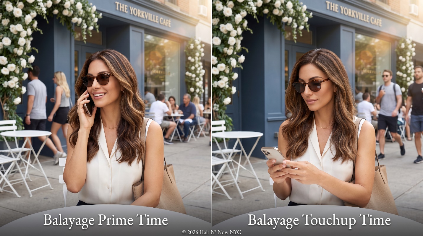 Side-by-side Yorkville cafe balayage comparison showing Balayage Prime Time and Balayage Touchup Time on loose summer waves.