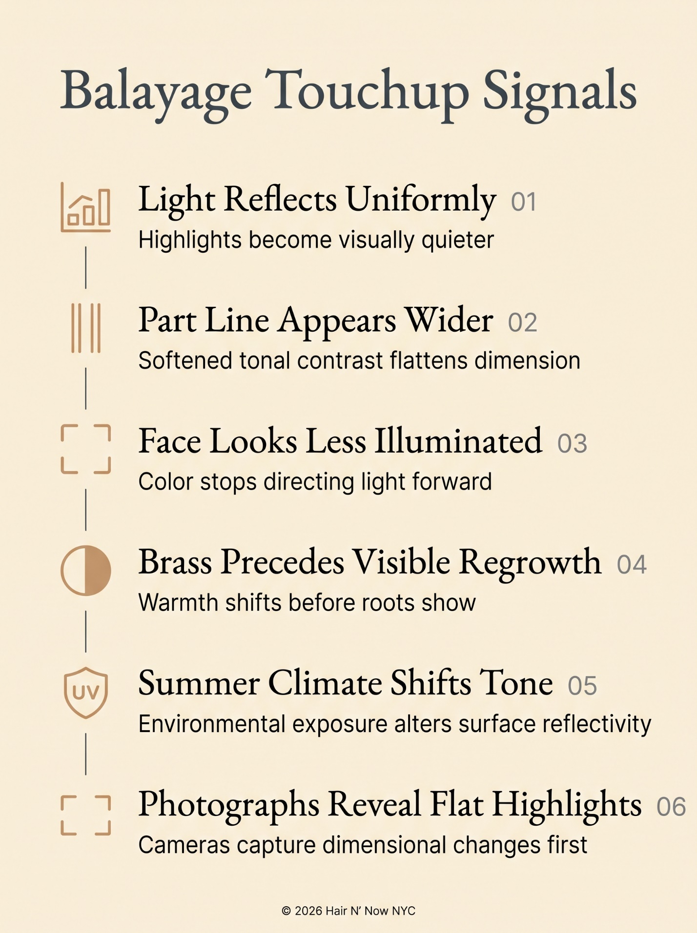 Balayage Touchup Signals infographic listing light reflection, part line, face illumination, brass, summer climate, and photo changes.