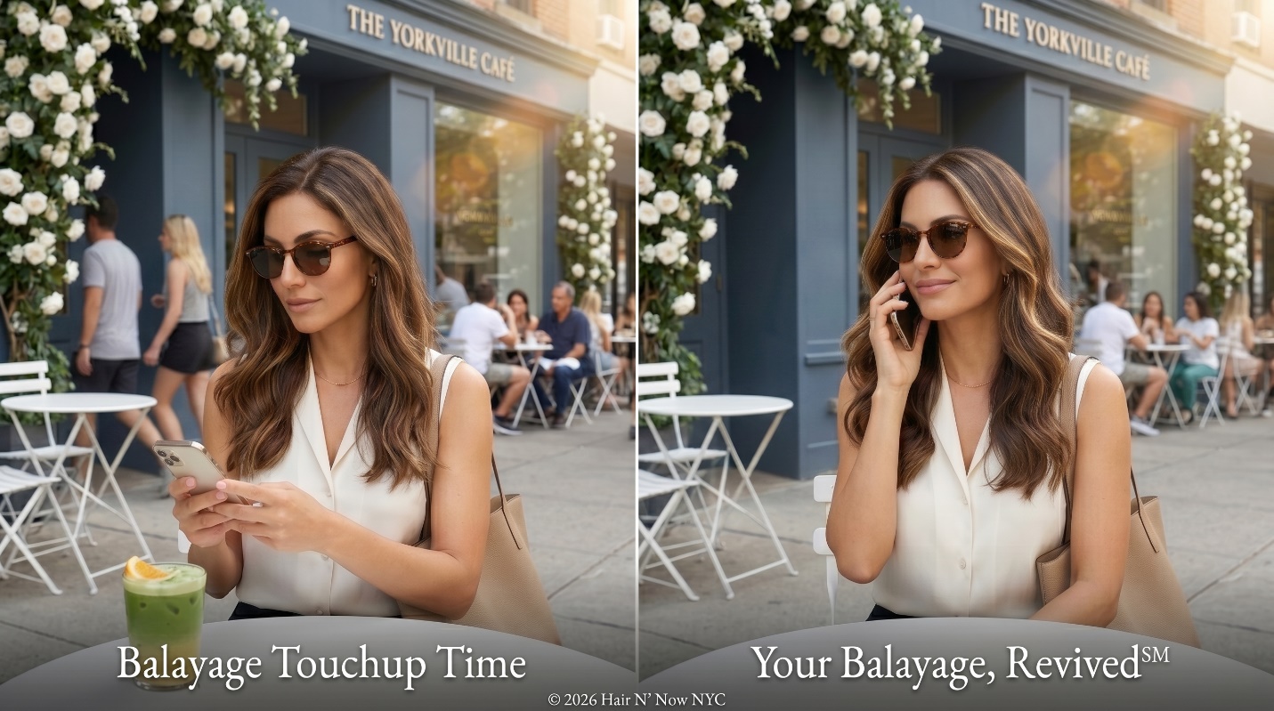 Side-by-side balayage transformation showing Balayage Touchup Time and Your Balayage Revived at a Yorkville cafe.