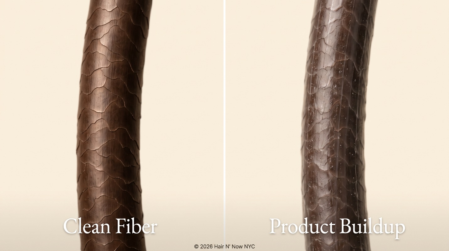 Macro diptych comparing a clean hair fiber with a product buildup fiber to explain why anti-frizz products can stop working.