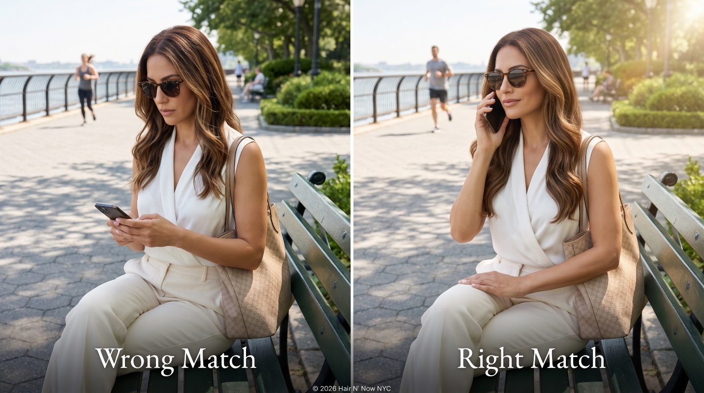 Side-by-side Carl Schurz Park anti-frizz comparison showing Wrong Match and Right Match results on loose summer waves.