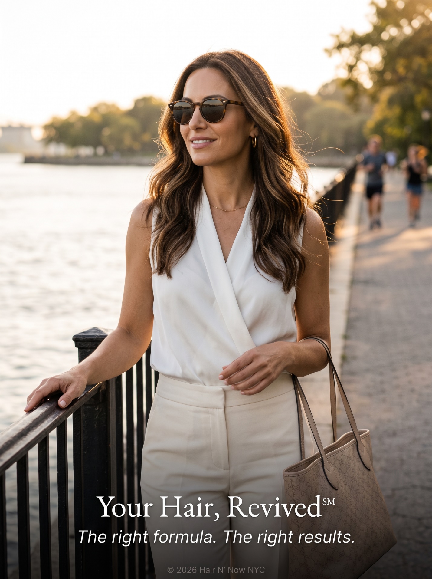 Carl Schurz Park waterfront portrait showing smooth loose waves with Your Hair Revived and the right formula, the right results caption.
