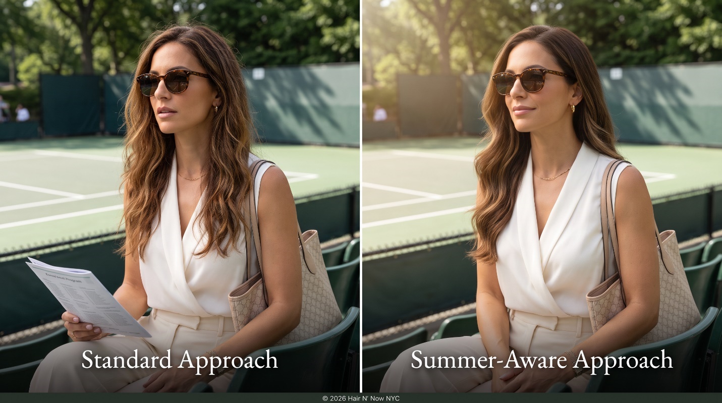 Outdoor tennis-court diptych comparing a standard approach with a summer-aware approach for Yorkville keratin treatment results.