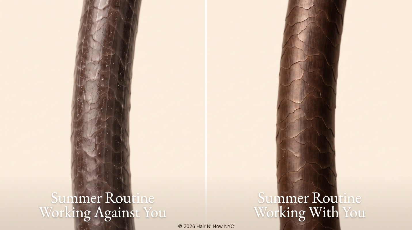 Macro hair-fiber diptych comparing a summer routine working against you with a summer routine working with you.