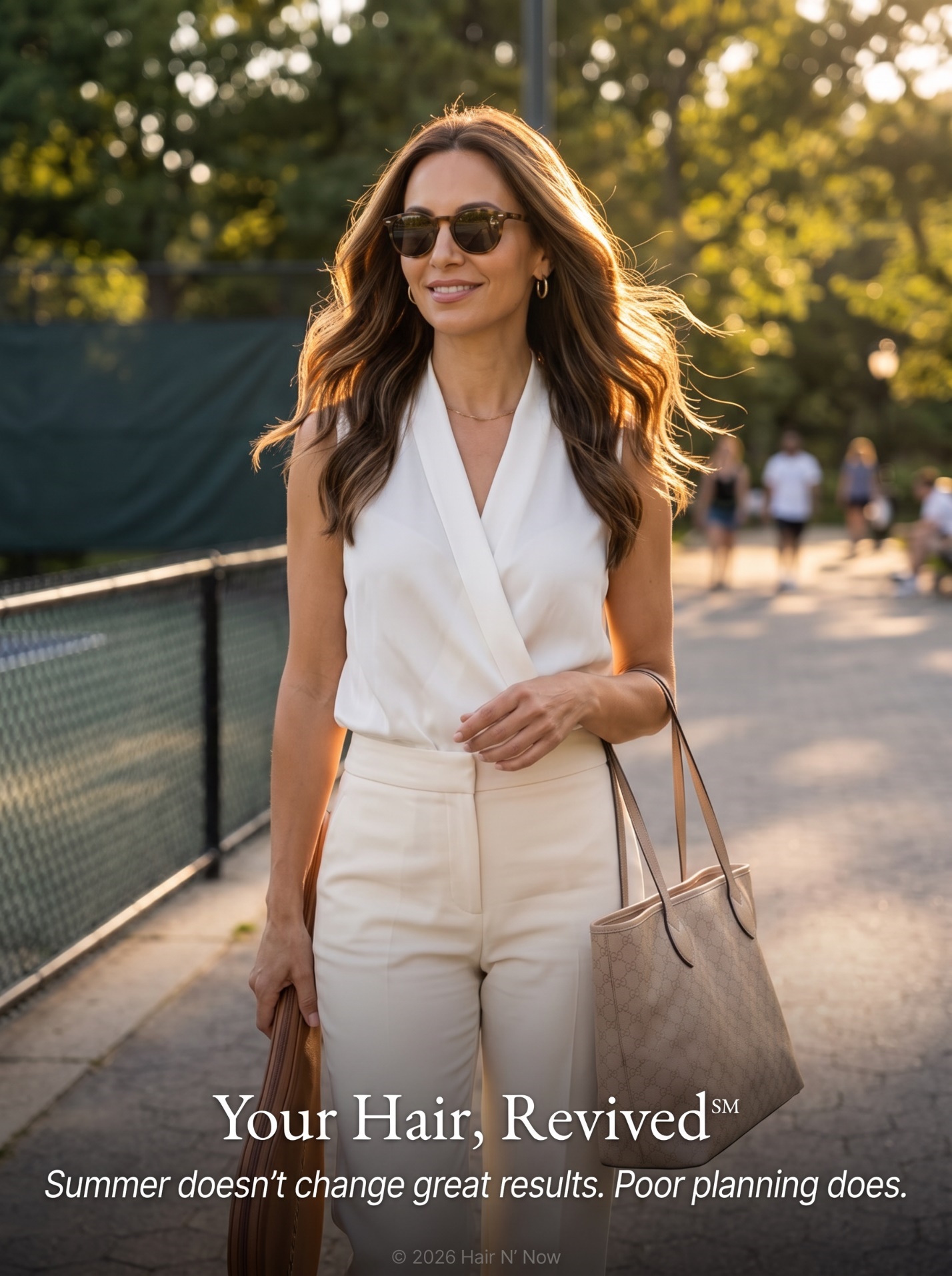 Outdoor tennis-club portrait with smooth summer hair and Your Hair Revived message about planning better keratin results.