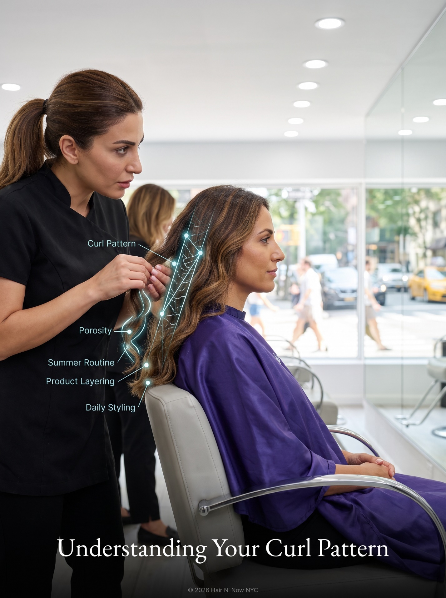 Upper East Side salon consultation with a stylist assessing curl pattern, porosity, summer routine, product layering, and daily styling.