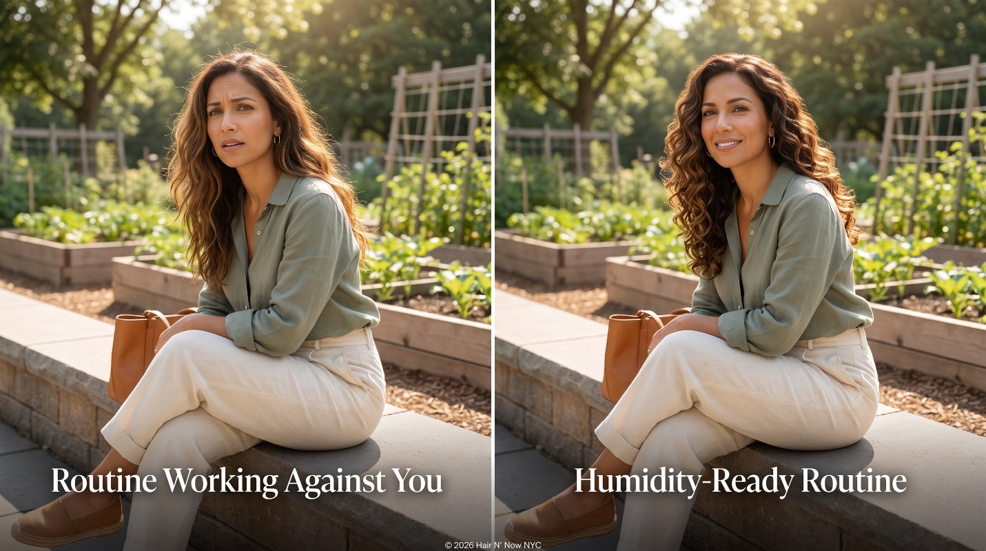 Garden diptych comparing a curl routine working against humidity with a humidity-ready routine on loose summer waves.