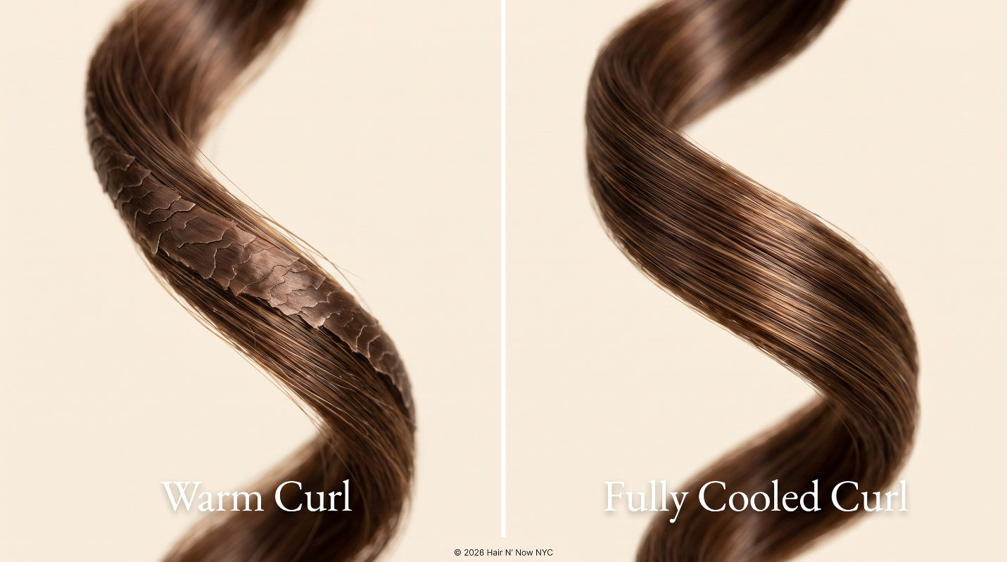 Macro diptych comparing a warm changing curl with a fully cooled and structurally stable curl.