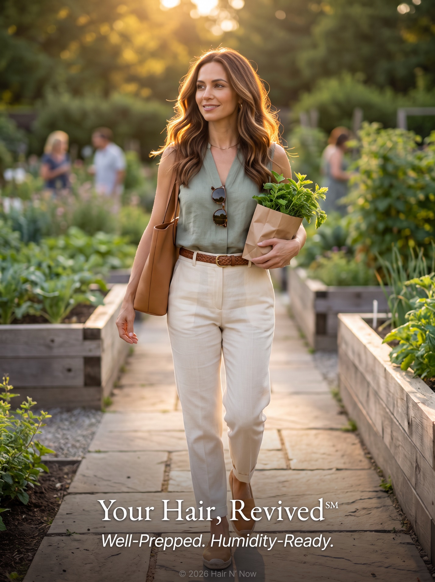 Garden portrait showing defined humidity-ready loose summer waves with the Your Hair Revived message.