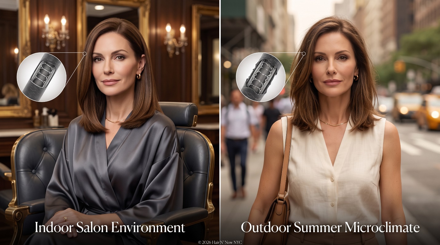 Side-by-side humidity haircut diagnostic image comparing an indoor salon finish with outdoor Second Avenue summer microclimate frizz.