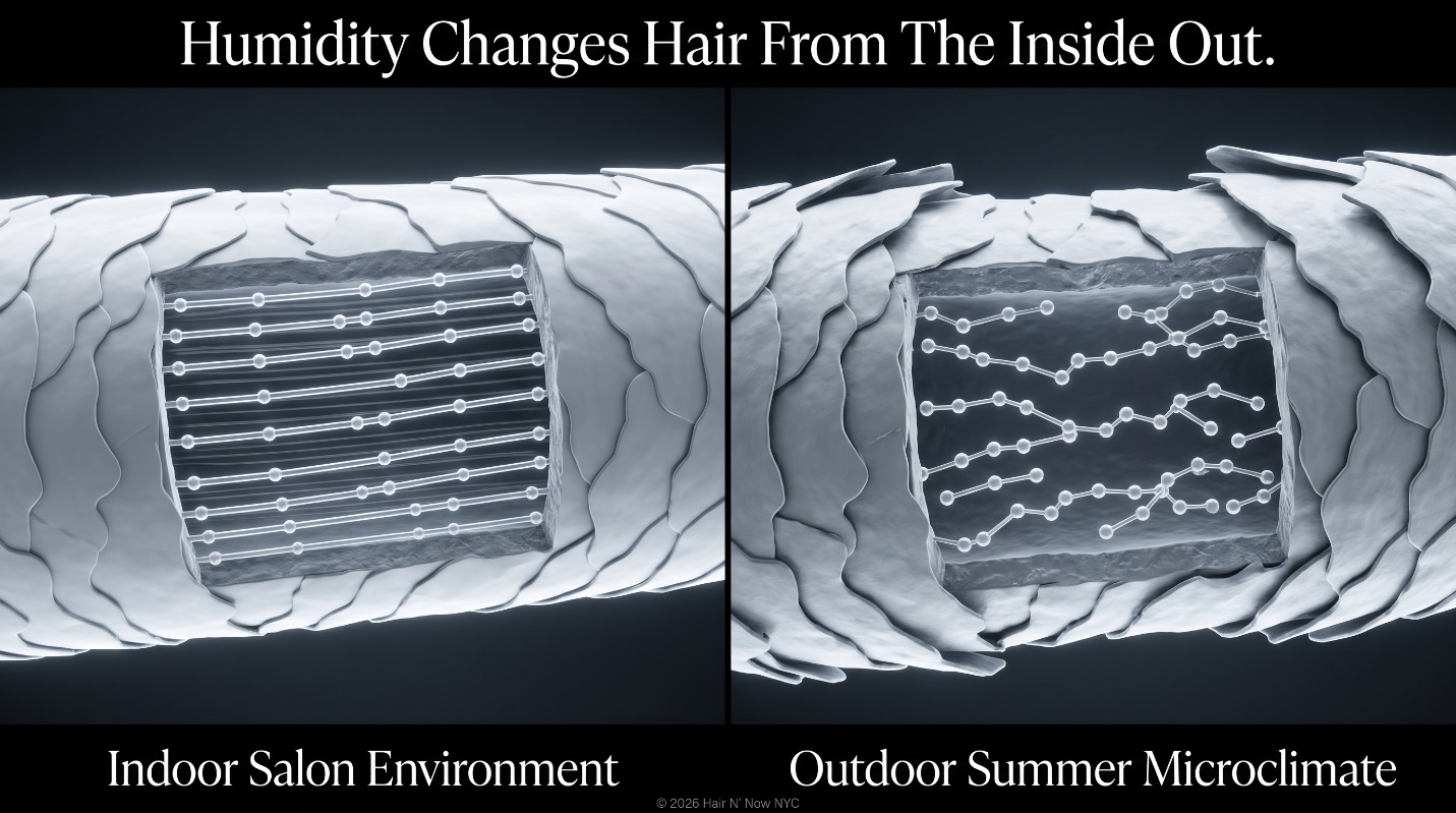 Close-up hair-strand diagram showing how humidity changes hair from the inside out between indoor salon air and outdoor summer microclimate.