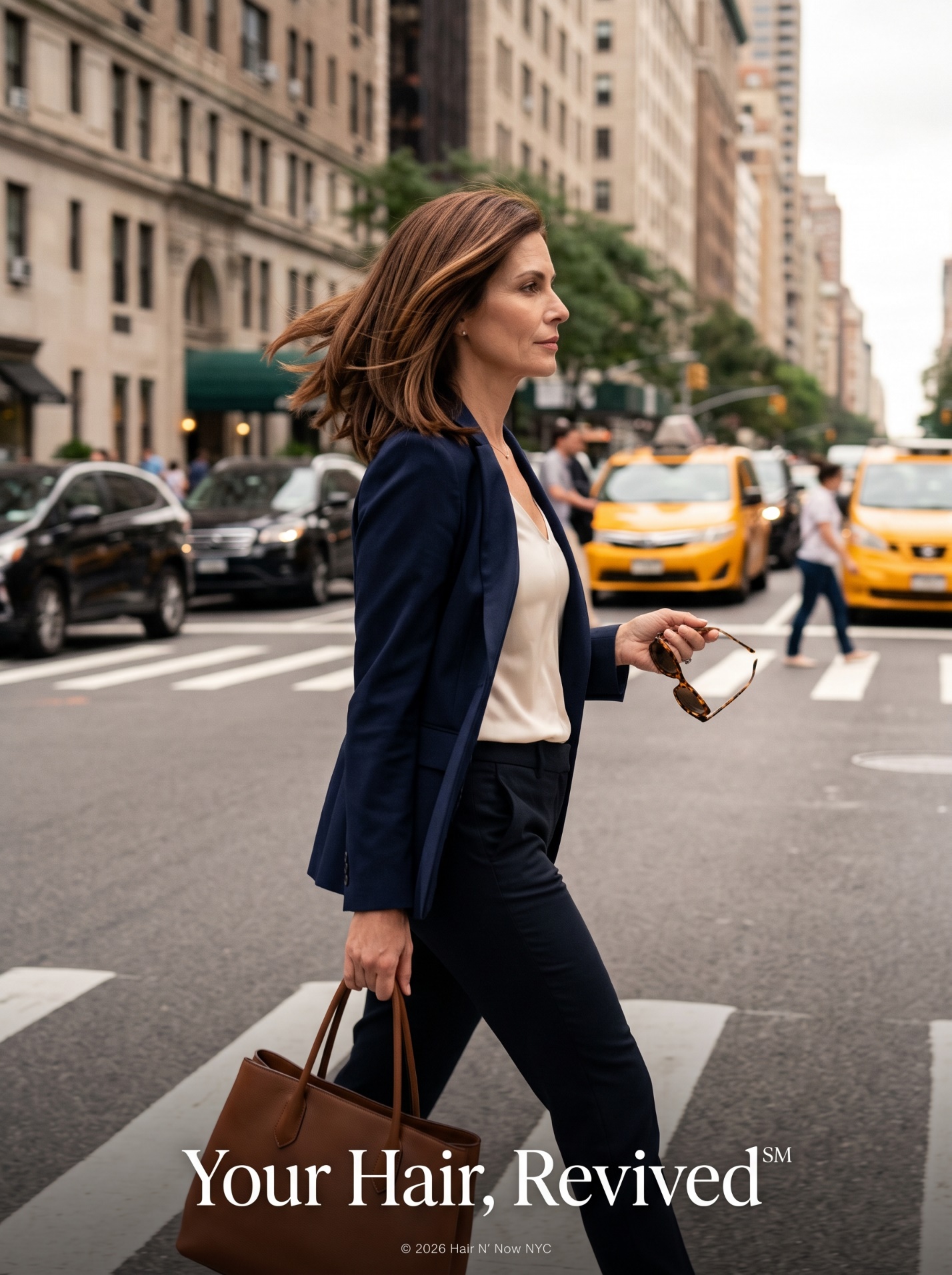 Confident Upper East Side commuter walking through NYC summer humidity with smooth revived haircut shape.