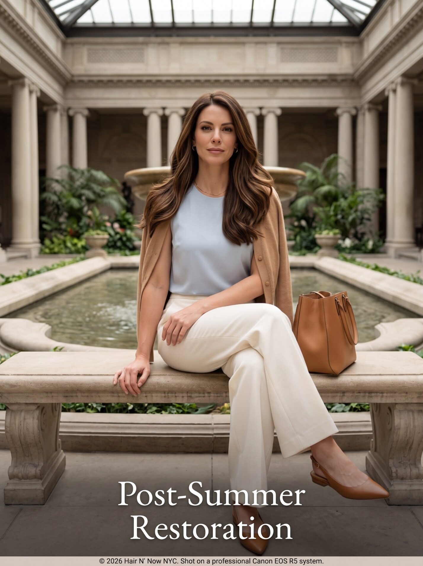 Hair N' Now NYC August Signature Collection Post-Summer Restoration promotion with smooth chestnut hair in a Manhattan museum garden court.