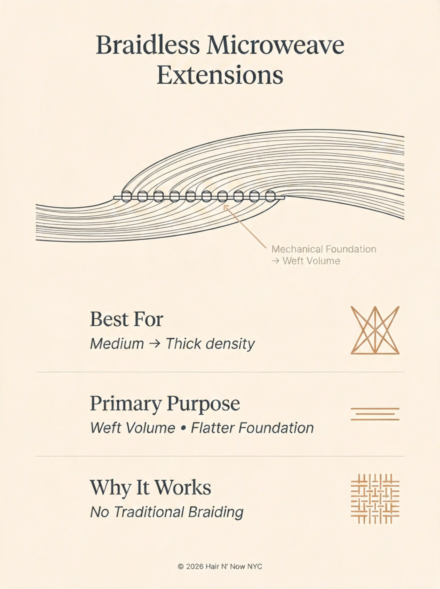 Braidless Microweave Extensions technical infographic showing a mechanical foundation and flat weft volume.