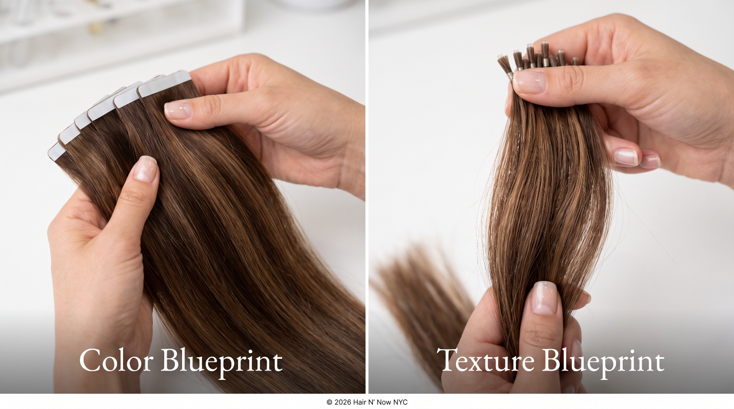 Color and Texture Blueprint comparison with multi-tonal tape-in bands and keratin bond waves selected for a natural blend.