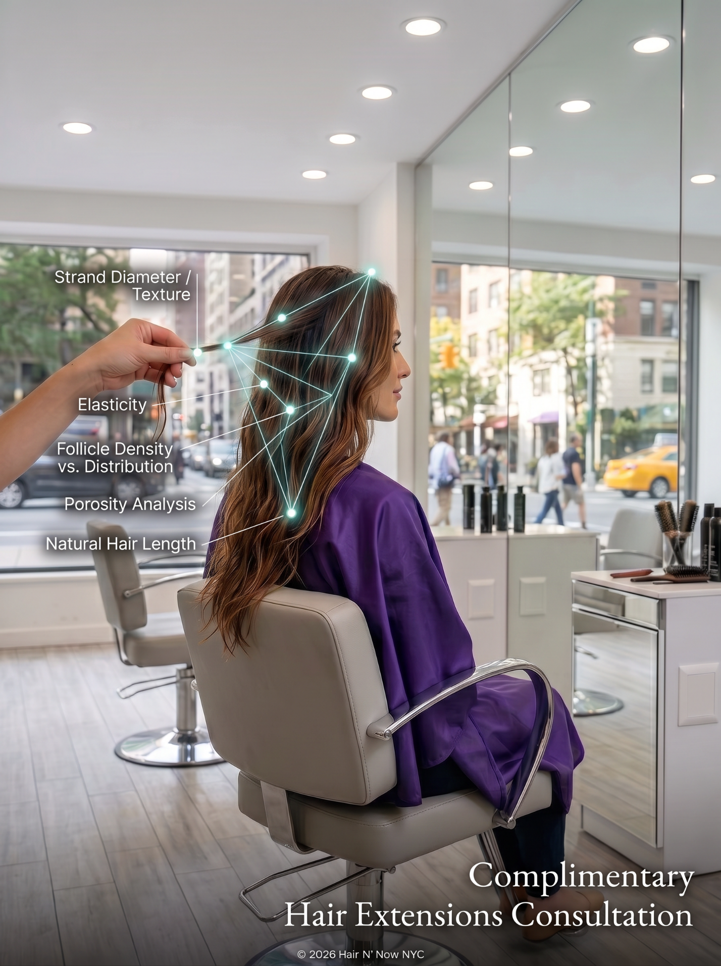 Upper East Side salon wet hair elasticity assessment with diagnostic callouts for density, porosity, texture, elasticity, and length.