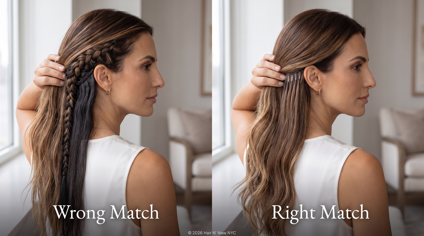 Wrong Match versus Right Match comparison showing a bulky sew-in foundation beside discreet keratin bonds for fine hair.