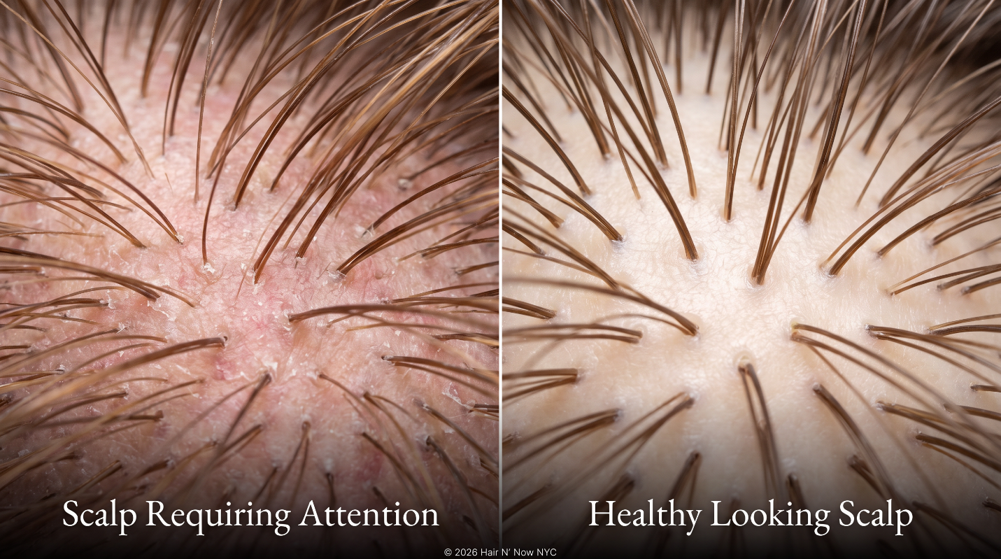 Macroscopic comparison of a dry irritated scalp requiring attention and a clear hydrated healthy-looking scalp.