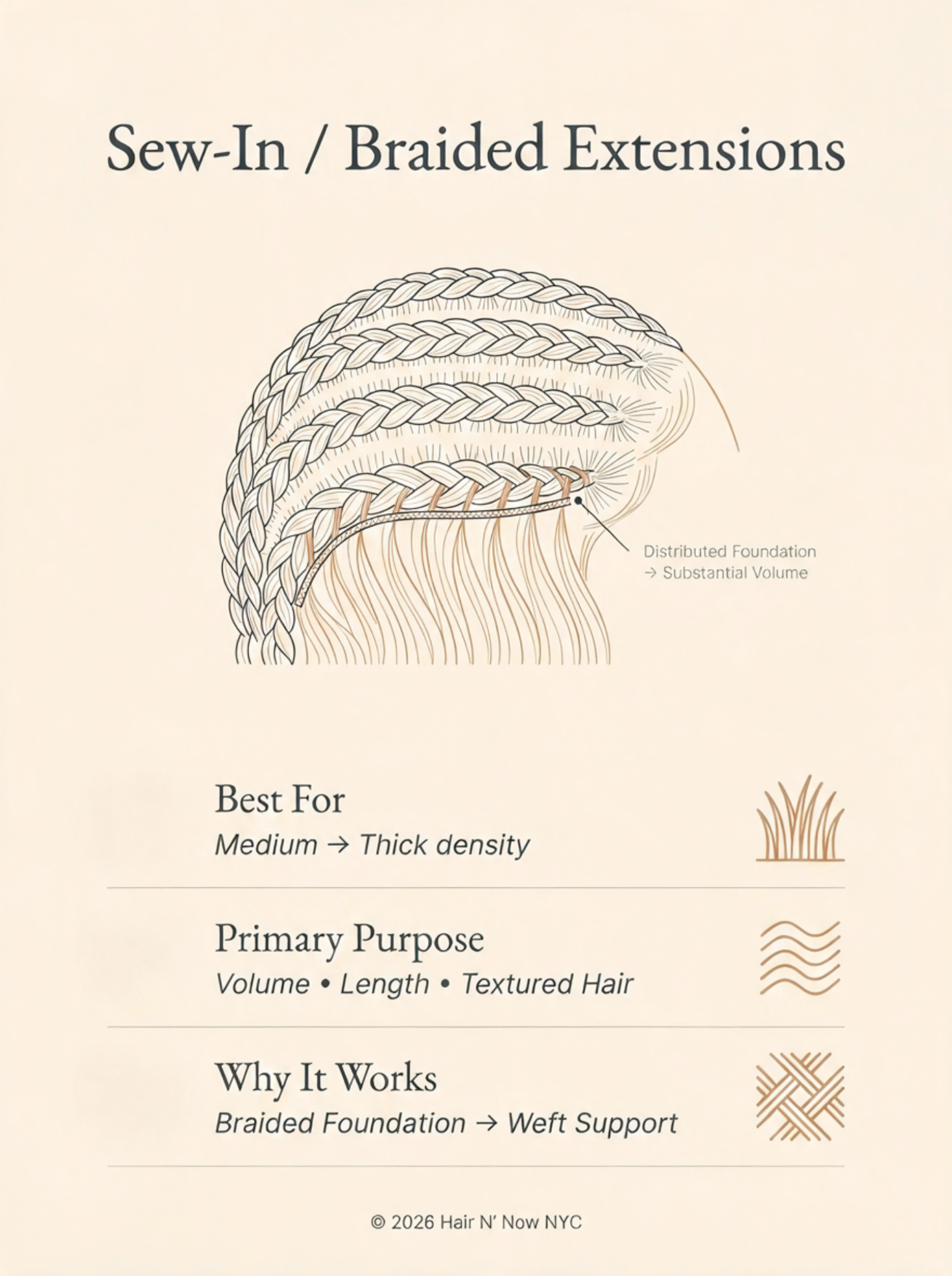 Sew-In and Braided Extensions technical infographic showing a distributed braided foundation supporting substantial volume.