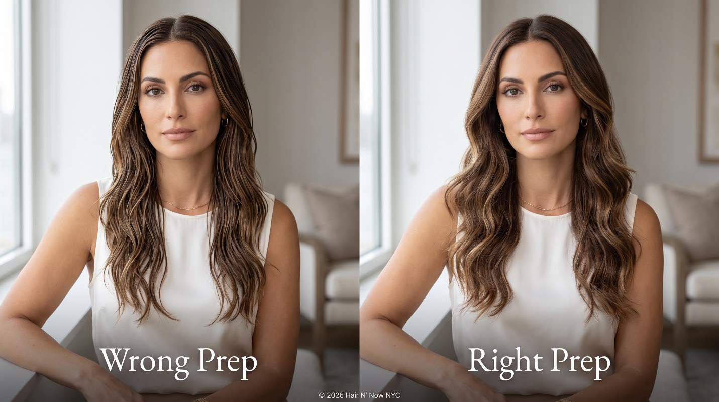 Manhattan apartment diptych comparing product-coated Wrong Prep hair with clean product-free Right Prep hair before an extension consultation.
