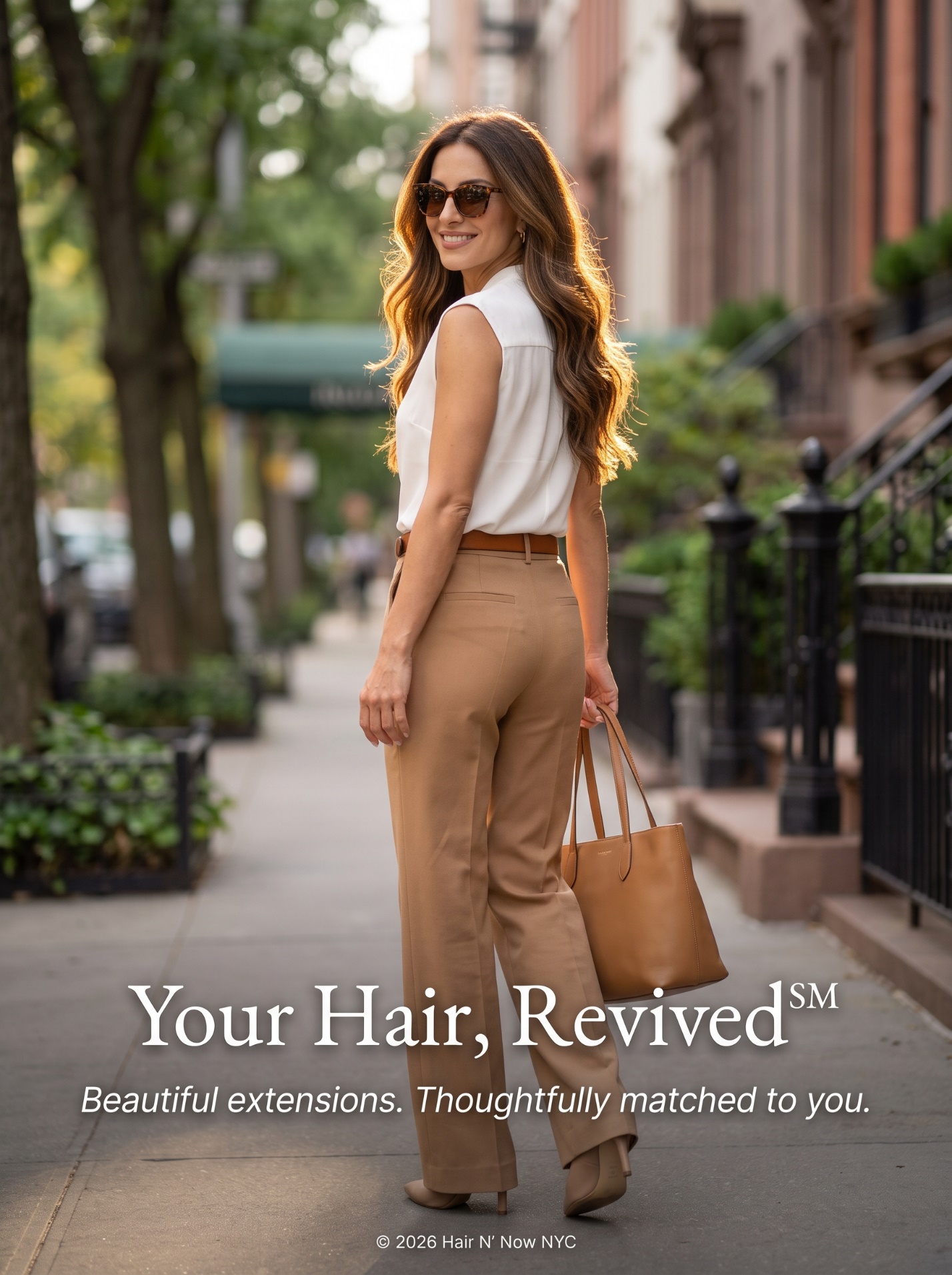 Upper East Side street portrait with flowing chestnut waves and the Your Hair Revived message for thoughtfully matched extensions.