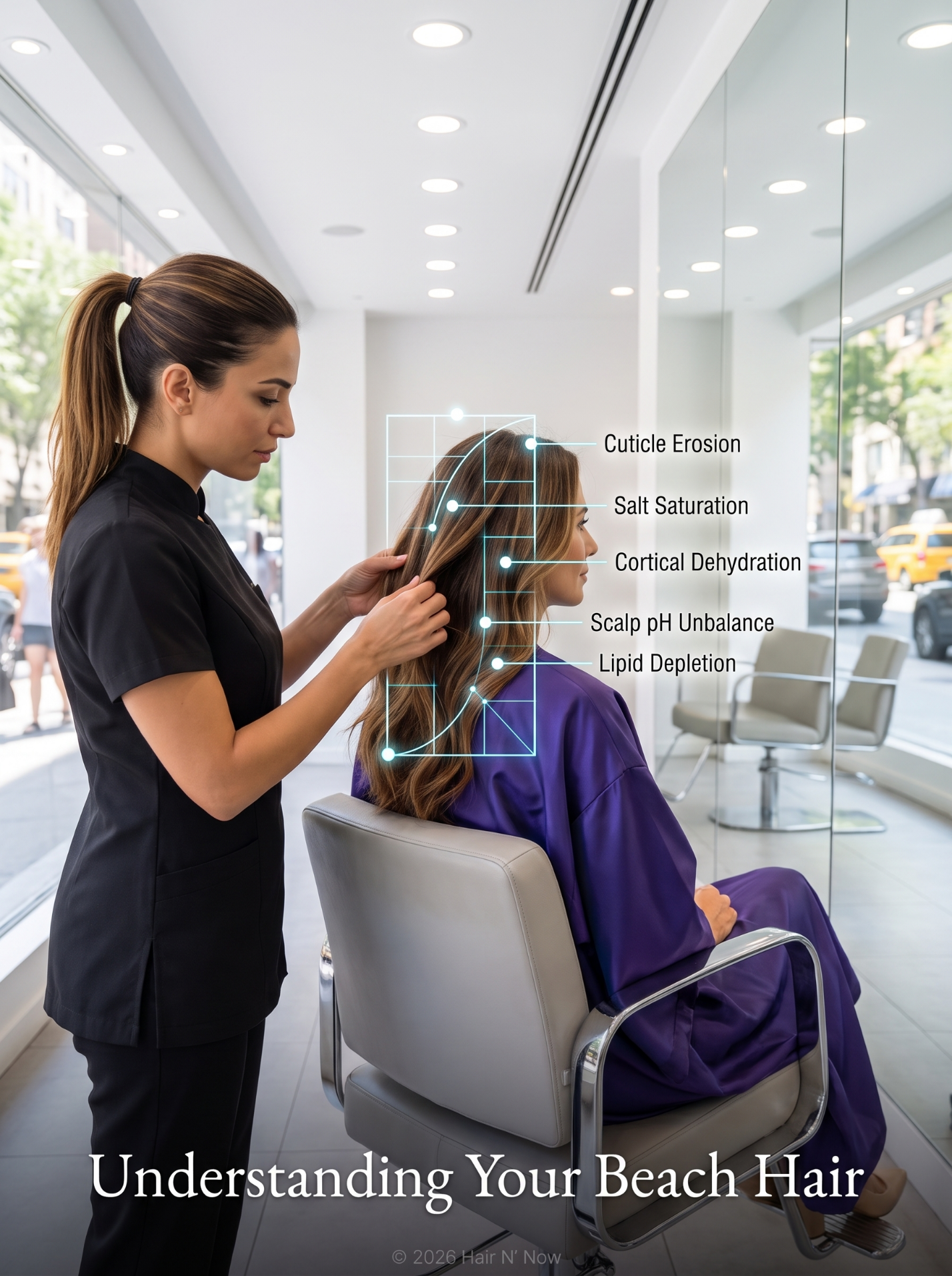 Upper East Side salon consultation with a stylist assessing beach hair for cuticle erosion, salt saturation, cortical dehydration, scalp pH, and lipid depletion.