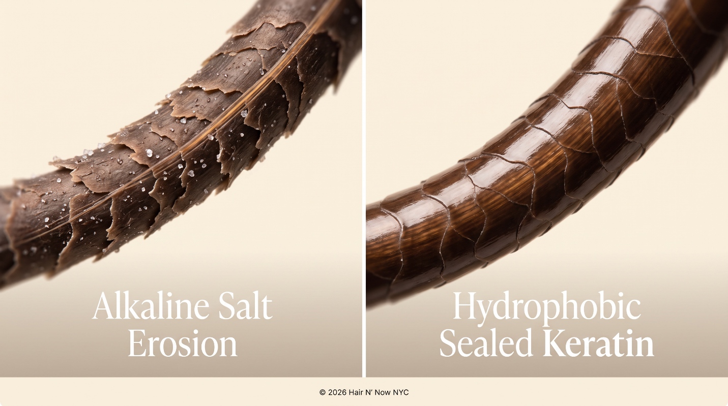 Macro diptych comparing alkaline salt erosion on an unprotected hair strand with a hydrophobic sealed keratin strand.