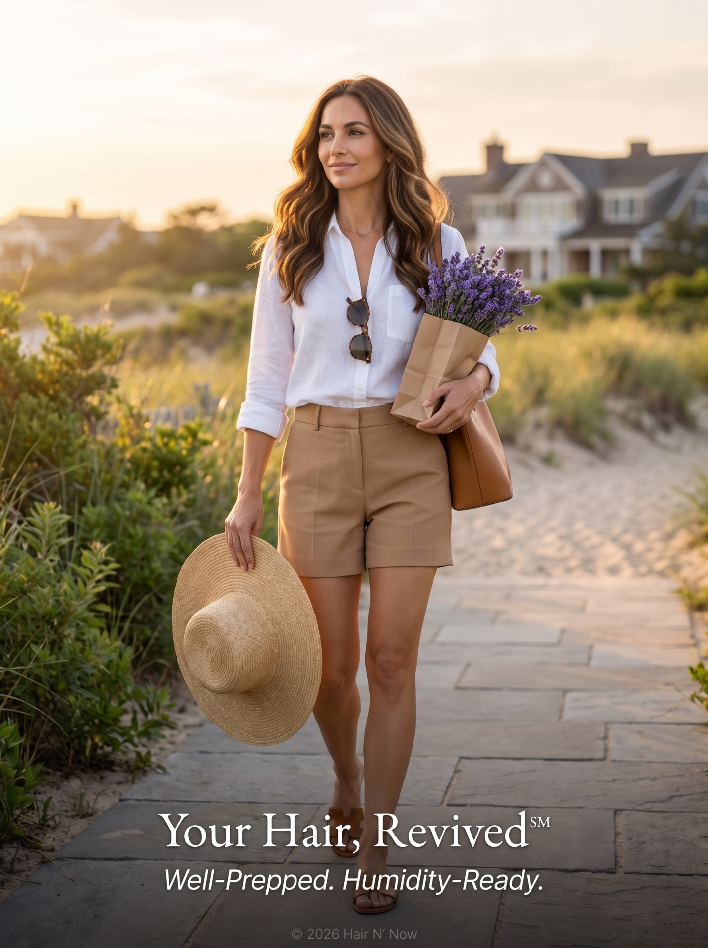 Golden-hour portrait leaving the beach with defined, frizz-free loose summer waves and the Your Hair Revived message.