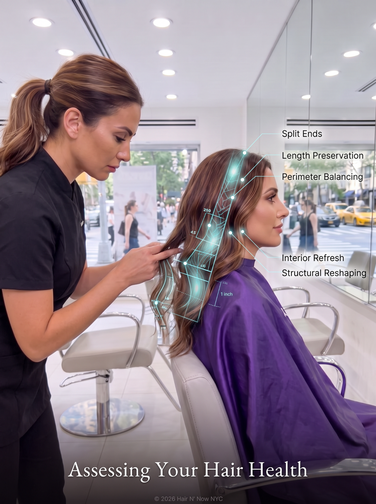 Upper East Side salon consultation with a stylist performing a slide test to assess split ends, length preservation, and trim needs.