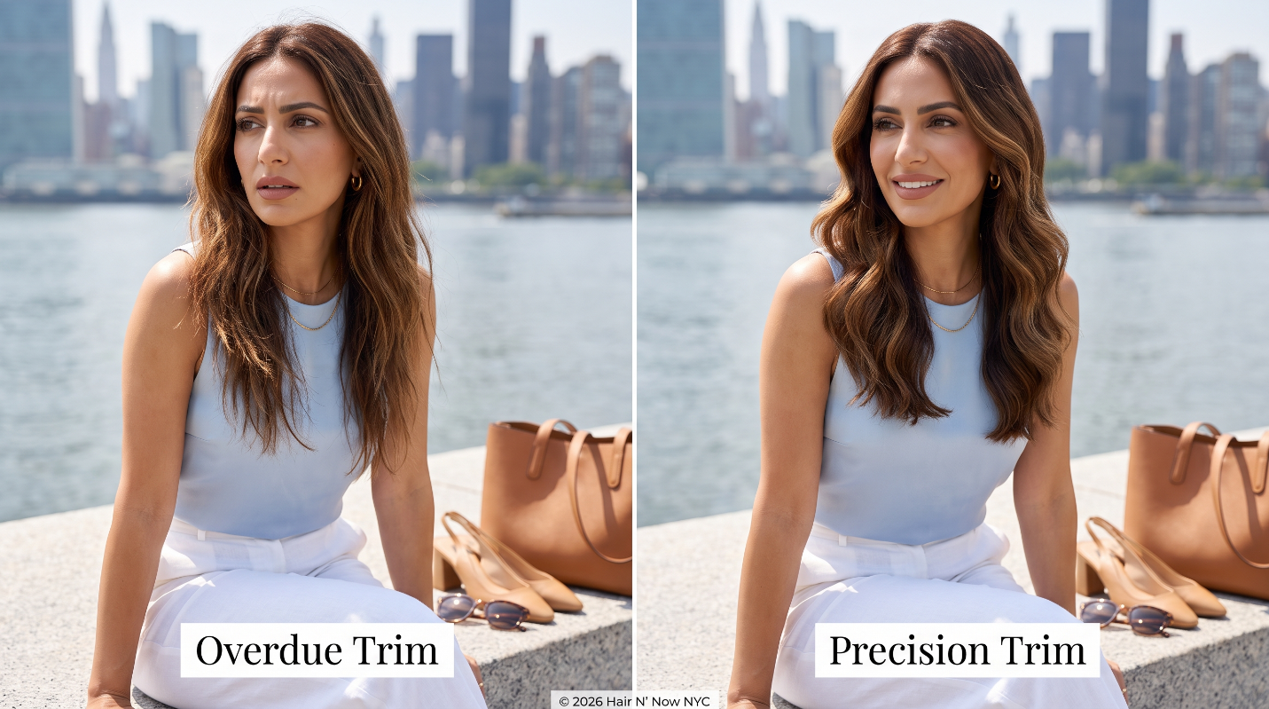 Roosevelt Island waterfront diptych comparing weathered overdue-trim hair ends with a precision health trim on chestnut summer waves.