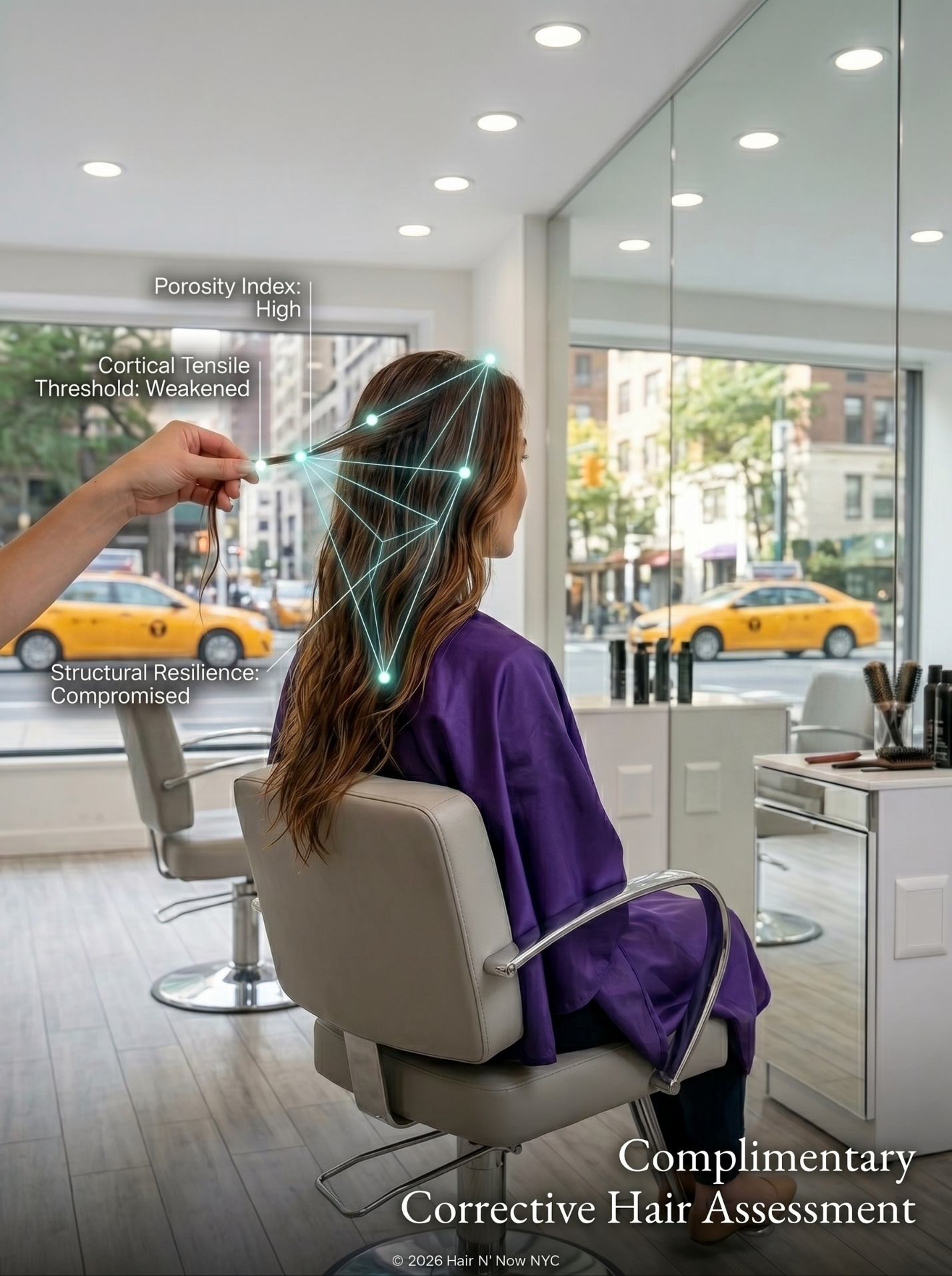 Upper East Side salon tensile elasticity assessment with porosity, cortical threshold, and structural resilience callouts.
